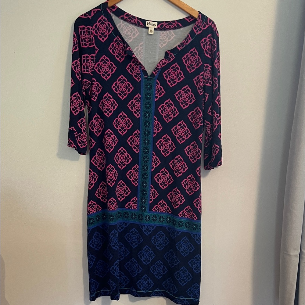 Hatley Navy & Pink Patterned Midi Dress with Turquoise Trim
